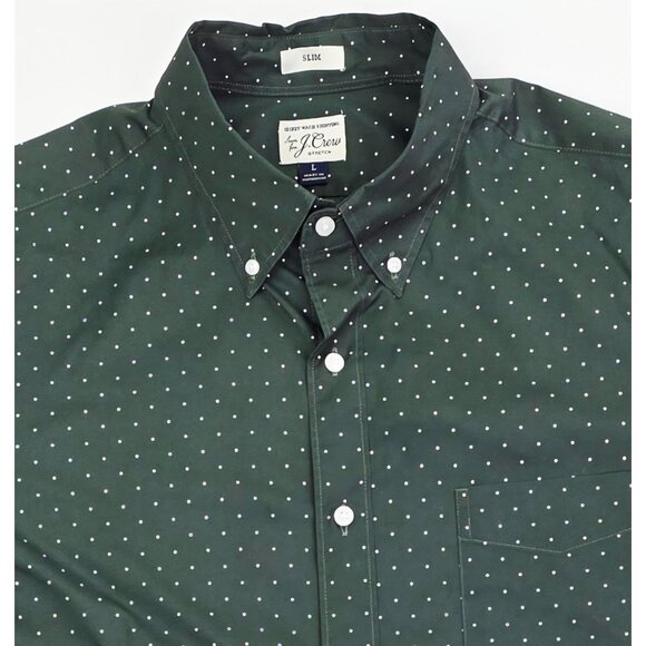 J. Crew Slim Mens Large Avocado Green White Polka Dots Button Down Stretch Shirt - Picture 1 of 10